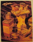 Χαρακτικό με χρώμα, Τα καφεμπρίκια στην Γυάρο, εικονίζεται η μεγάλη κονσέρβα κορνμπίφ που αποτελούσε φαγητό για μέρες στην φυλακή.