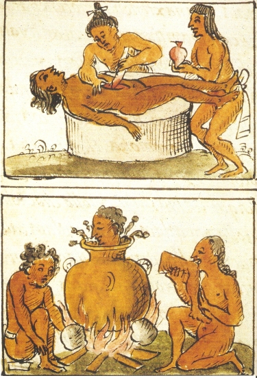 Ανθρωποθυσία και ανθρωποφαγία στους Αζτέκους, σχέδιο από χειρόγραφο του Bernardino de Sahagún (γύρω στο 1500 - 1590)
